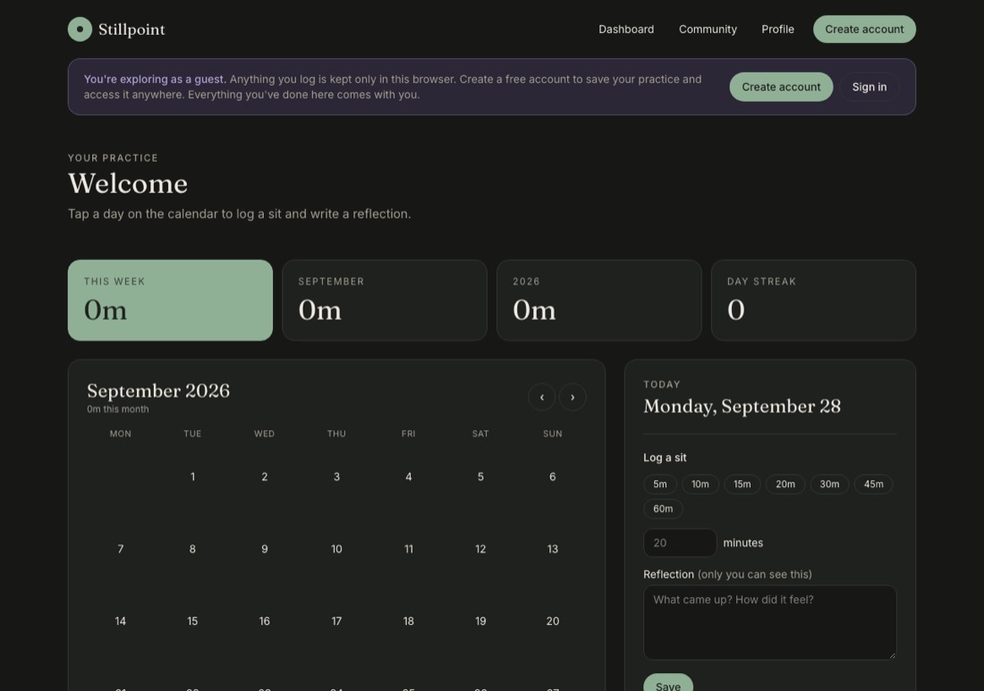 Stillpoint meditation dashboard